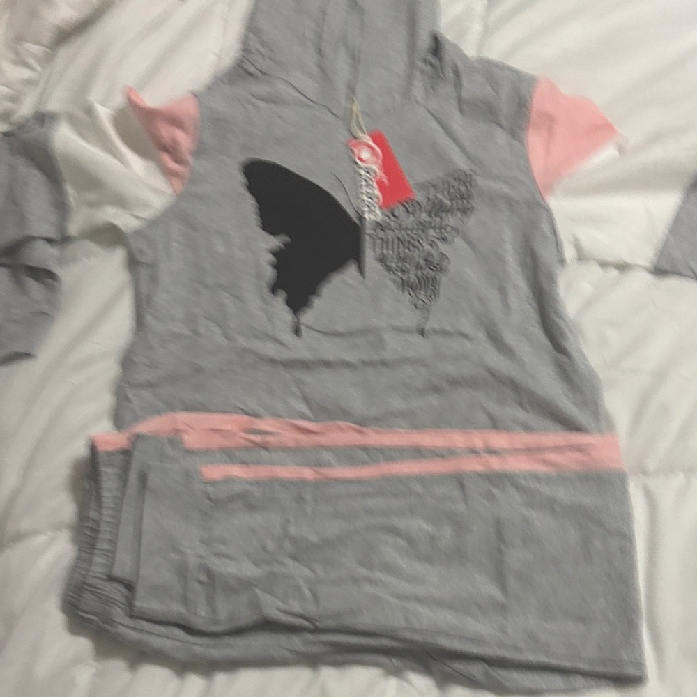 Gray and Pink Butterfly Kids Hoodie set